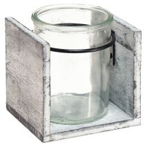 Photophore en verre dans un cadre en bois rustique - gris-blanc, 10x9x10cm - charmante décoration de table 3 pièces