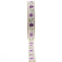 Ruban cadeau fleurs ruban coton violet blanc 15mm 20m