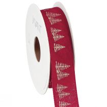 Article Ruban décoratif de Noël rouge avec motifs de sapins de Noël dorés, largeur 25 mm, longueur 15 m