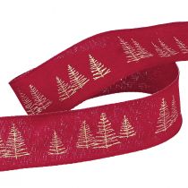 Article Ruban décoratif de Noël rouge avec motifs de sapins de Noël dorés, largeur 25 mm, longueur 15 m