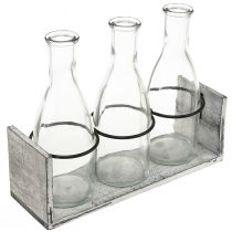 Article Ensemble de bouteilles rustiques dans un support en bois - 3 bouteilles en verre, gris-blanc, 24x8x20 cm - Polyvalent pour la décoration