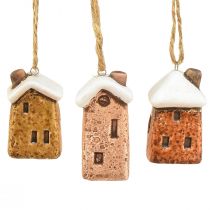 Article Cottages suspendus en céramique – Diverses nuances de marron, toits enneigés – Charmante décoration de Noël – Lot de 6