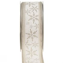 Article Ruban de Noël avec flocons de neige - ruban d&#39;hiver avec contenu en lin blanc beige 40mm 12m
