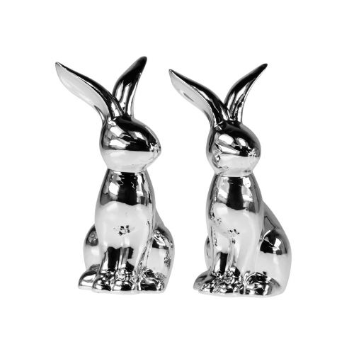 Floristik24 Lapin de Pâques Décoratif Lapin Décoratif en Céramique Assis Argent 18cm 2pcs