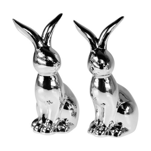 Floristik24 Lapin de Pâques Décoratif Lapin Décoratif en Céramique Assis Argent 18cm 2pcs