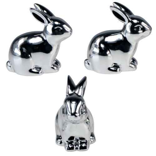 Article Lapin Argent Assis Céramique Aspect Métal 8.5cm 3pcs