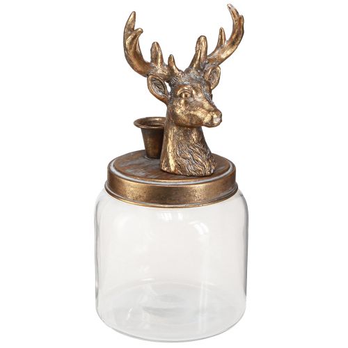 Bougeoir ancien verre tête de cerf métal doré 26cm