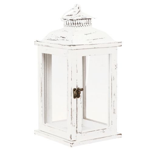 Lanterne décorative shabby chic bois blanc 17,5x17,5cm H37cm