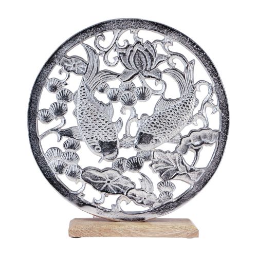 Article Bague décorative métal socle bois argent lotus décoration koi Ø32cm