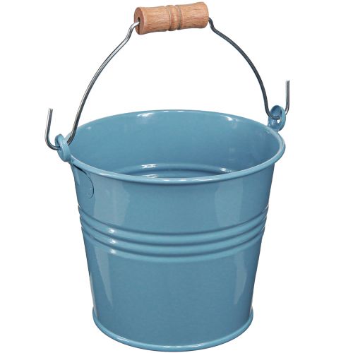 Floristik24 Seau décoratif métal manche bois pot de fleur bleu H16cm 2pcs