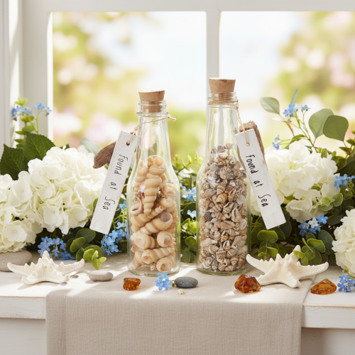 Article Bouteille décorative en verre avec coquillages et pendentif, décoration de table marine, 17 cm, 2 pièces