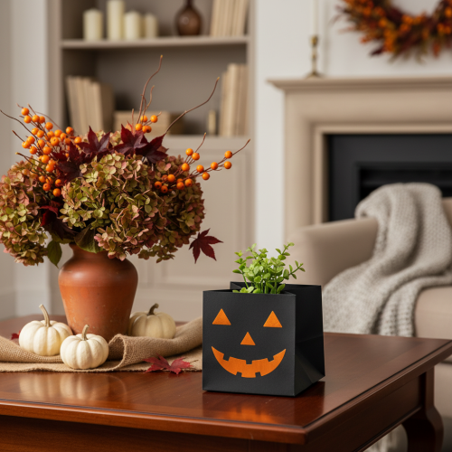 Article Pot de fleurs citrouille en sac en papier, décoration d'Halloween, 10 cm, lot de 6