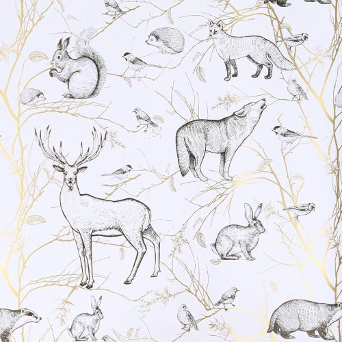 Article Papier cadeau animaux blanc gris or automne hiver 200cm