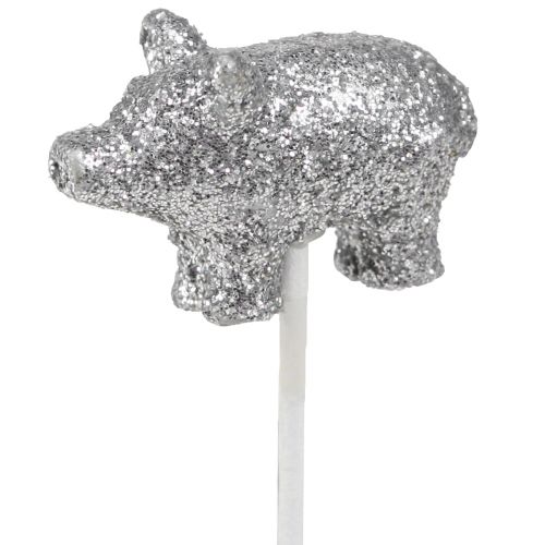 Article Cochon porte-bonheur Nouvel An porte-bonheur sur bâton argent 3cm 6pcs