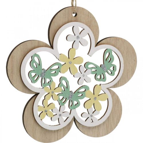 Article Papillon à suspendre, fleur pendentif en bois, décoration printanière à paillettes H11/14.5cm 4pcs