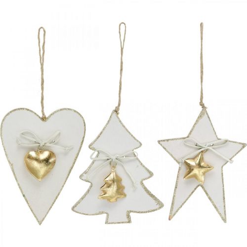 Article Pendentif Noël coeur / sapin / étoile, décoration bois, décoration arbre avec cloches blanc, doré H14.5 / 14 / 15.5cm 3pcs