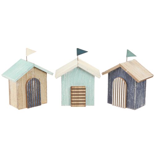 Maison en bois décoration maison de plage bleu naturel H9,5cm 3 pcs