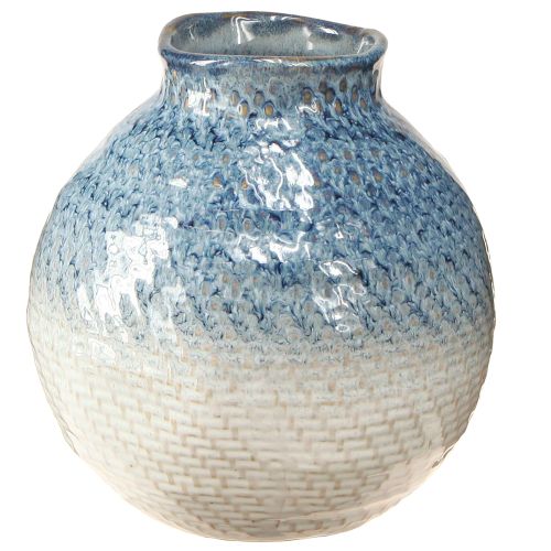 Vase en céramique émaillée bleu blanc aspect tressé H18,5cm