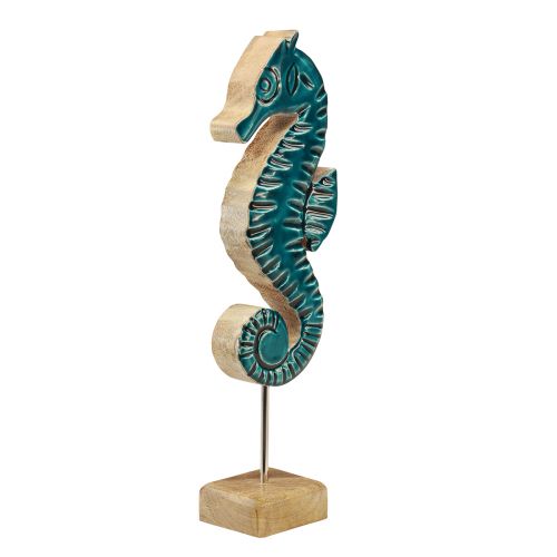 Article Décoration maritime hippocampe sur pied bois de manguier turquoise 19,5cm