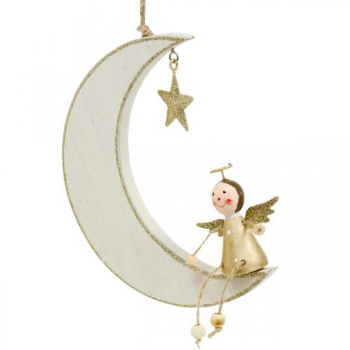 Article Décoration de l&#39;Avent, ange sur la lune, décoration en bois à suspendre blanc, doré H14.5cm L21.5cm 3pcs