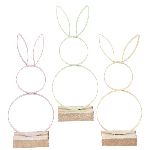 Décoration Lapin de Pâques Métal Bois Jaune Menthe Rose H21cm 3pcs