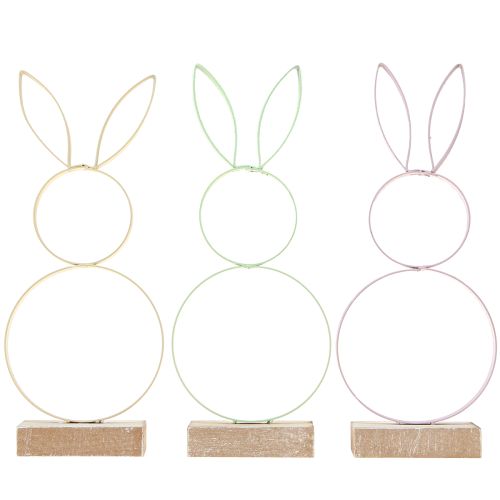 Article Décoration Lapin de Pâques Métal Bois Jaune Menthe Rose H21cm 3pcs