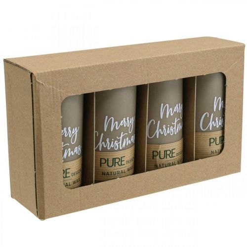 Article PURE bougies pilier Merry Christmas 130/60mm cire marron 4pcs