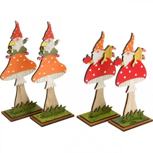 Article Amanite mouche pour l&#39;automne, décoration bois, gnome sur champignon orange / rouge H21 / 19,5cm 4pcs