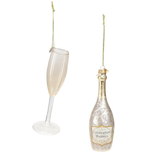 Bouteille et verre de champagne, décorations de sapin, anniversaire, décorations en verre à accrocher, set de 2 verres véritables réveillon du nouvel an H14.5cm