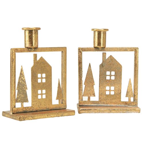 Bougeoir bâton Maison de Noël aspect or antique 10×6×14cm 2pcs