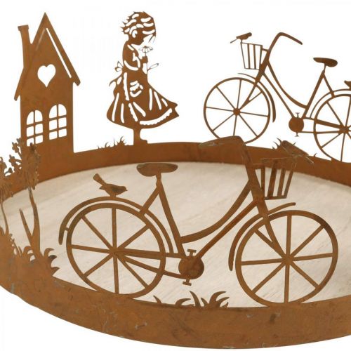 Article Plateau décoratif fille avec fleur, décoration métal patine pissenlit maison vélo Ø24cm H11cm