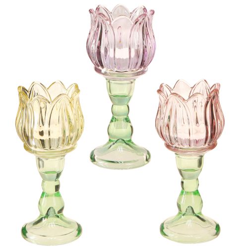 Floristik24 Photophore en verre fleur photophore verre 3 couleurs Ø7cm H16cm 3pcs