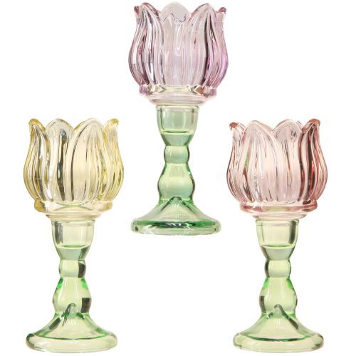 Article Photophore en verre fleur photophore verre 3 couleurs Ø7cm H16cm 3pcs