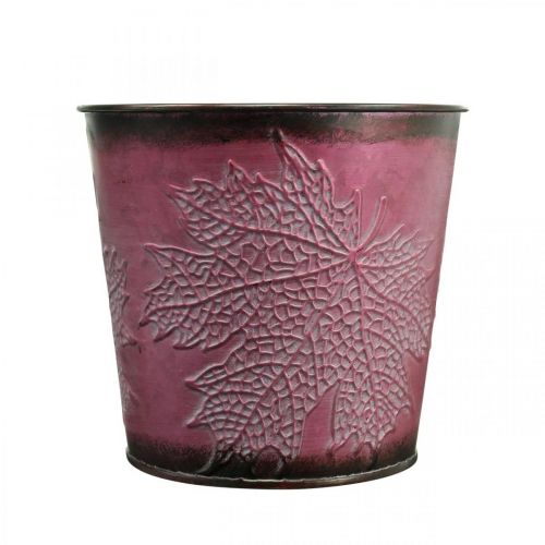 Article Pot décoratif à planter, seau en étain, décoration en métal avec motif de feuilles rouge vin Ø14cm H12,5cm