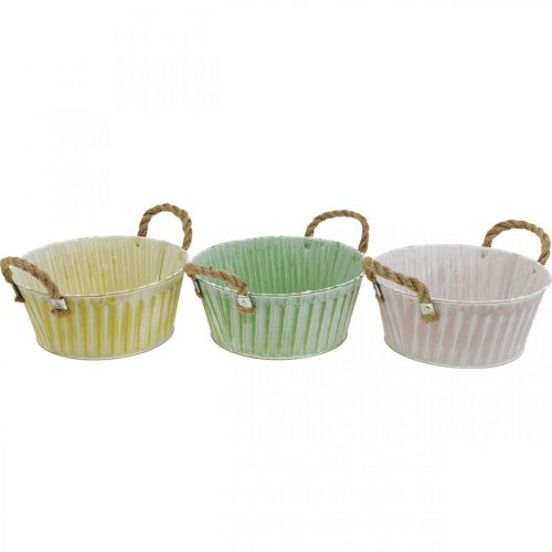 Article Coupe en métal, coupe à fleurs, cache-pot avec anses rose/vert/jaune shabby chic Ø22cm H9.5cm lot de 3