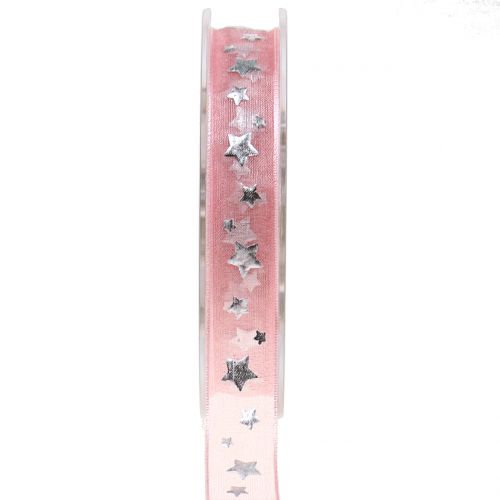 Floristik24 Ruban de Noël organza rose avec motif étoile 15mm 20m