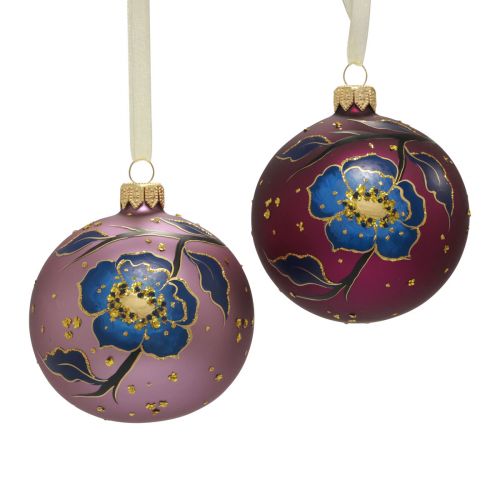 Boules de Noël en verre violet Boules de sapin de Noël fleur Ø8cm 6pcs