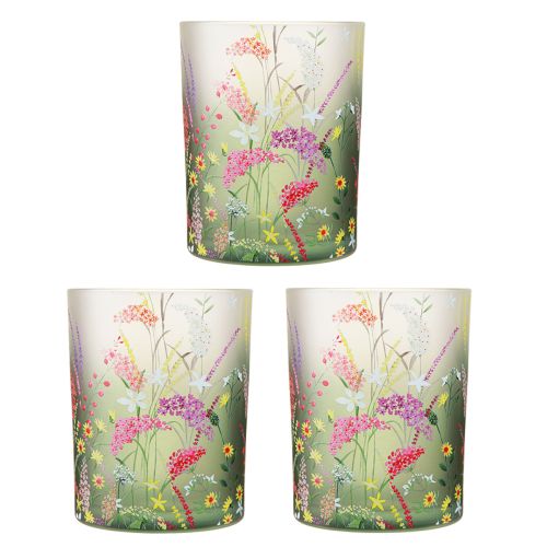 Article Lanterne en verre avec fleurs colorées été H12,5cm 3 pcs