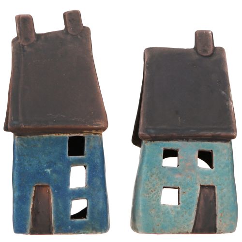 Article Maison lanterne maison en céramique bleu marron H15,5/17,5cm 2 pcs