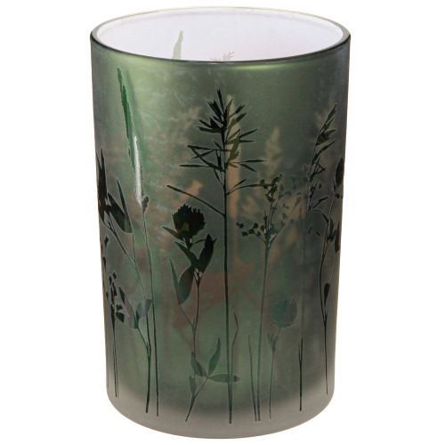 Lanterne en verre blanc motif prairie verte H18cm