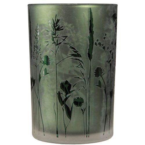 Article Lanterne en verre blanc motif prairie verte H18cm