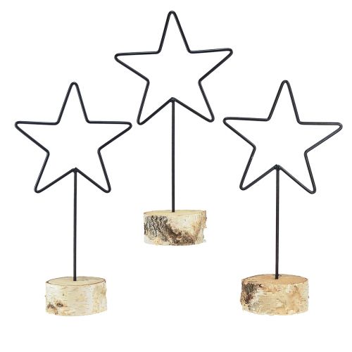 Bougeoirs étoiles décoratifs sur socle en bois - lot de 3 - noir &amp; naturel, 40 cm - décoration de table élégante