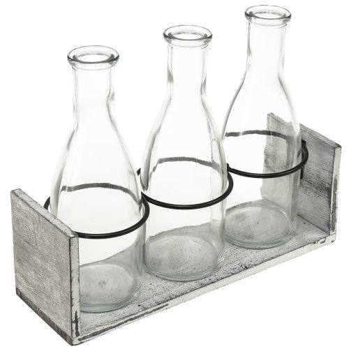 Ensemble de bouteilles rustiques dans un support en bois - 3 bouteilles en verre, gris-blanc, 24x8x20 cm - Polyvalent pour la décoration