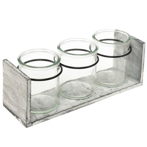 Récipient en verre rustique dans un support en bois gris et blanc - 27,5x9x11 cm - Solution de rangement et décorative polyvalente