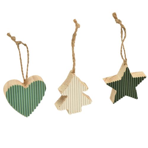 Set de pendentifs en bois sapin de Noël, coeur-arbre-étoile, vert menthe-blanc, 4,5 cm, 9 pièces - Décoration de Noël