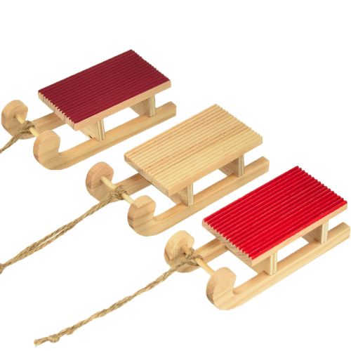 Miniature traîneau en bois, rouge-naturel, 4x8,5 cm, lot de 6 - Décoration de Noël