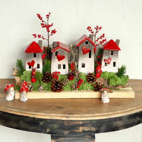 Maisons romantiques en céramique avec motif cœur – tons rouges et naturels, 11 cm – décoration d&#39;hiver conçue avec amour – 3 pièces