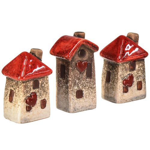 Maisons en céramique 6 pièces avec fenêtre de toit rouge et cœur - 6 cm - Décoration idyllique pour la maison et le jardin