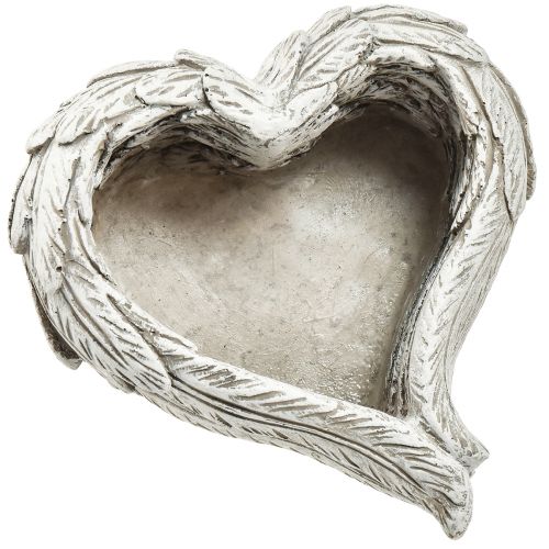 Floristik24 Plumes de coeur végétal coeur en pierre moulée gris blanc 13×12×6cm 2pcs