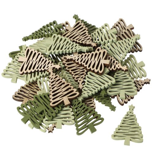 Article Étoiles en bois Motif sapin de Noël Marron Vert 3×4,5cm 72pcs